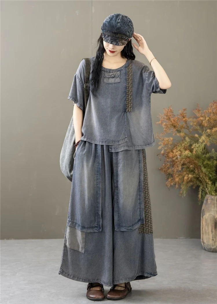 Classic Patchwork O Neck Vintage Tops Tees Loose Jeans Casual Pants Two Pieces Sets - Image 7