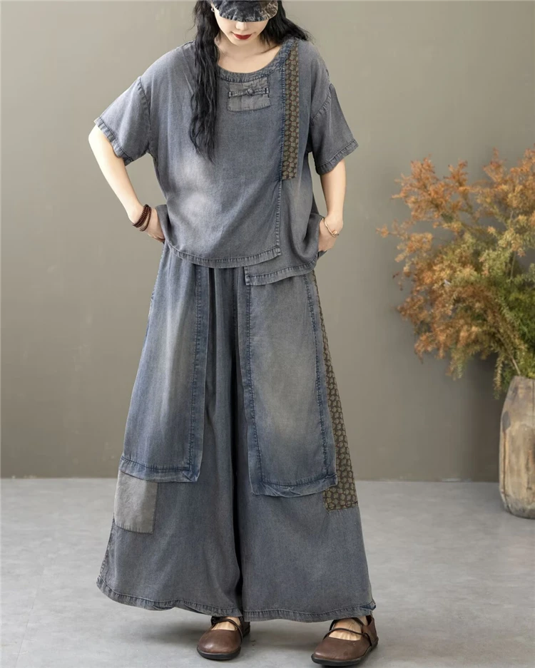 Classic Patchwork O Neck Vintage Tops Tees Loose Jeans Casual Pants Two Pieces Sets - Image 8