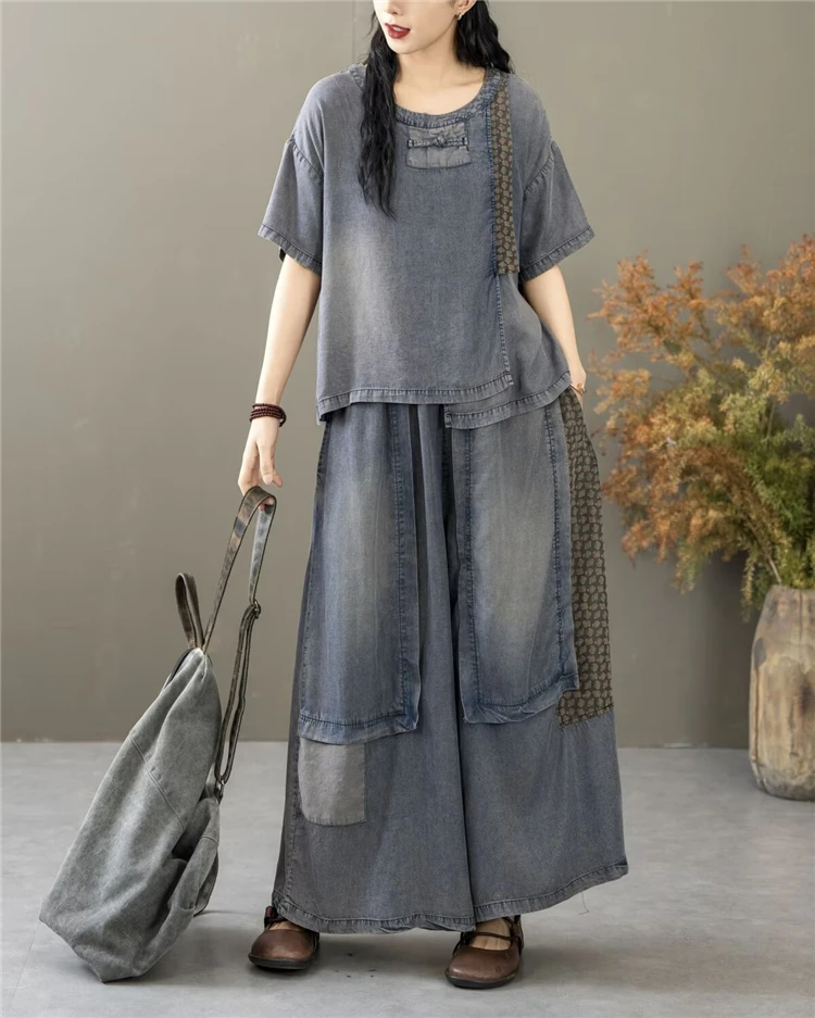 Classic Patchwork O Neck Vintage Tops Tees Loose Jeans Casual Pants Two Pieces Sets - Image 9