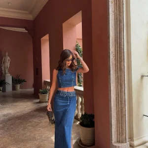 Vintage One Shoulder Lace Up Tops A-lined Denim Shirt Slim Skirt Set