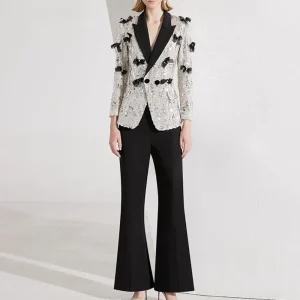 Color Spliced Lapel Long Sleeves Patchwork Sequin Top And Pant Bow Two Piece Sets