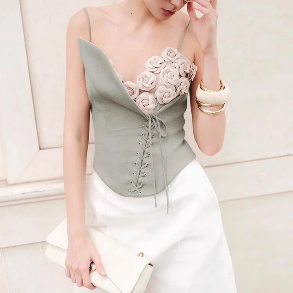 Colorblock Spliced 3D Flower Irregular V Neck Sleeveless Patchwork Lace Up Vest Top - Image 2
