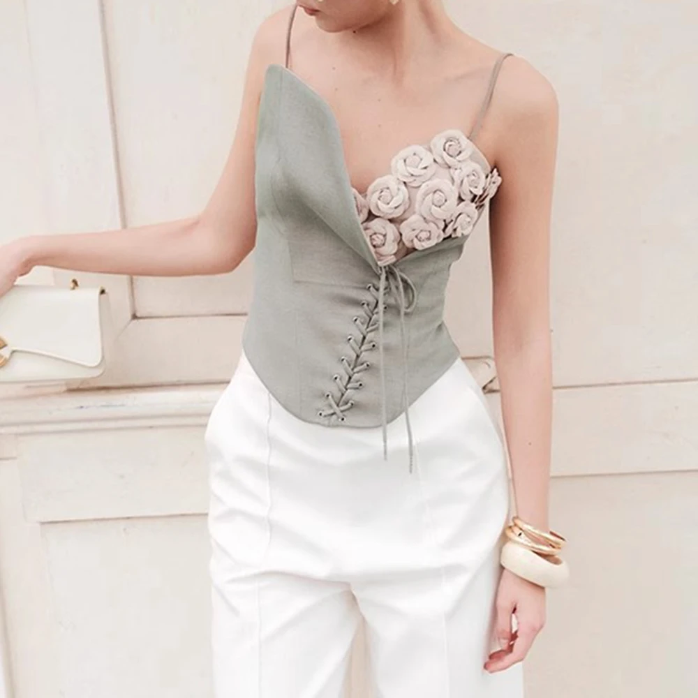 Colorblock Spliced 3D Flower Irregular V Neck Sleeveless Patchwork Lace Up Vest Top - Image 3