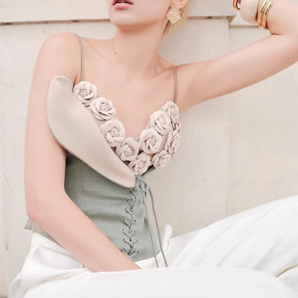 Colorblock Spliced 3D Flower Irregular V Neck Sleeveless Patchwork Lace Up Vest Top - Image 4