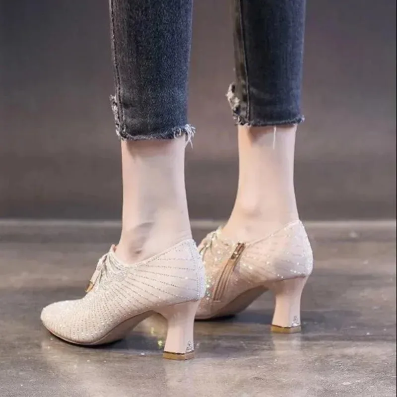 Colored Diamond Bow Knot Shallow Mouth Side Zipper Pointed Toe Thick High Heels - Image 3