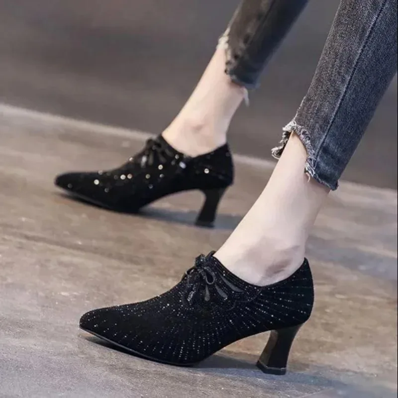 Colored Diamond Bow Knot Shallow Mouth Side Zipper Pointed Toe Thick High Heels - Image 5