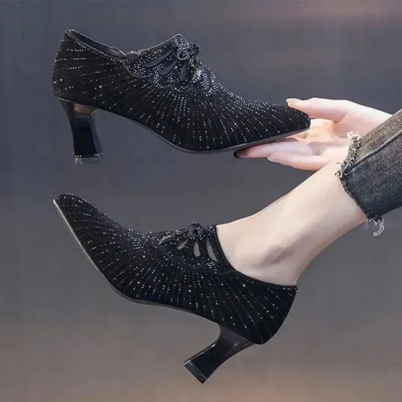 Colored Diamond Bow Knot Shallow Mouth Side Zipper Pointed Toe Thick High Heels - Image 4