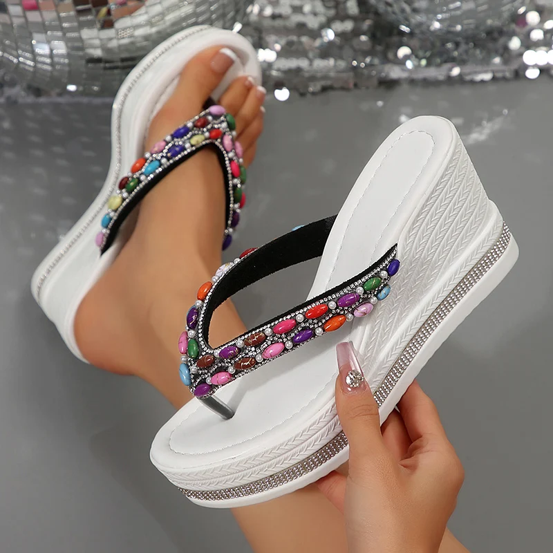 Colorful Beaded Thick Sole Beach Style Clip Toe Chunky Platform Wedge Heel - Image 4