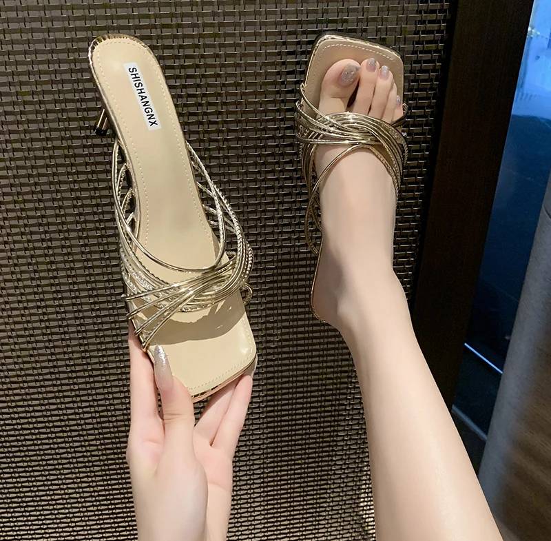 Concise Rubber Narrow Band Evening Square Heel Party Sandals - Image 13