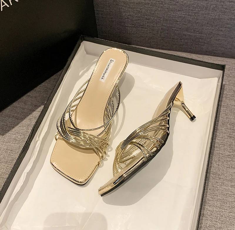 Concise Rubber Narrow Band Evening Square Heel Party Sandals - Image 15