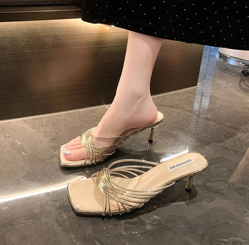 Concise Rubber Narrow Band Evening Square Heel Party Sandals - Image 10