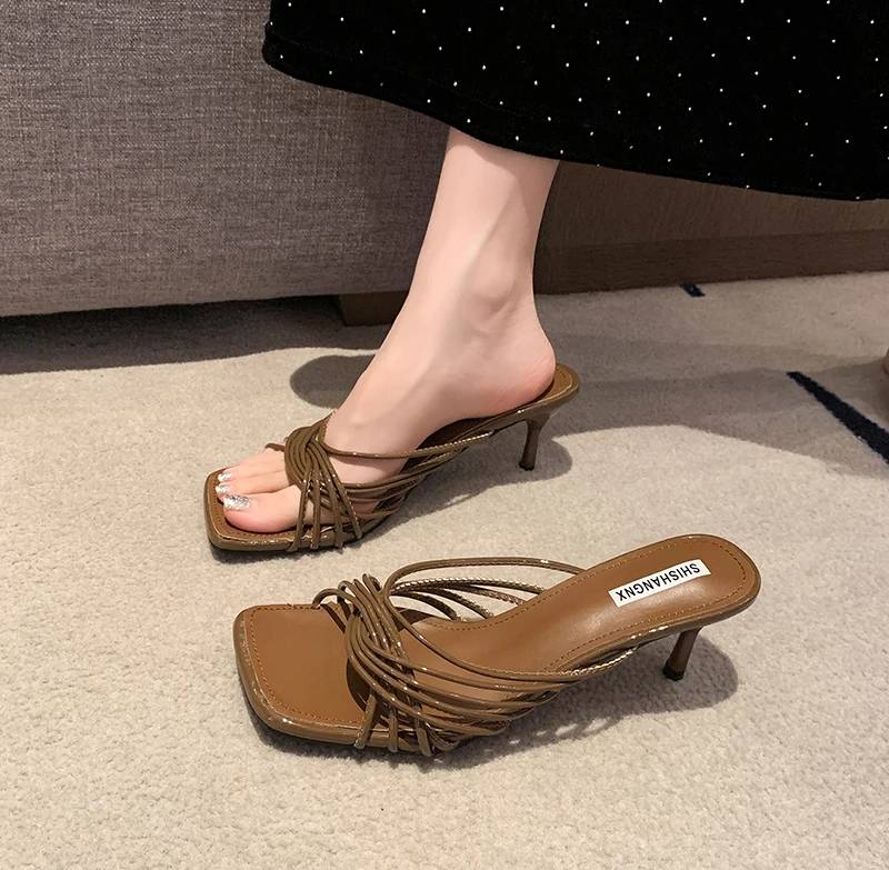 Concise Rubber Narrow Band Evening Square Heel Party Sandals - Image 5