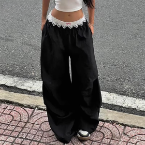 Contrast Lace Stitching Wide Leg Streetwear Low Rise Loose Trousers