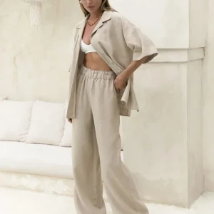 Cotton Short Sleeved Solid Color Shirt Loose Pants Casual Pants 2-piece Set