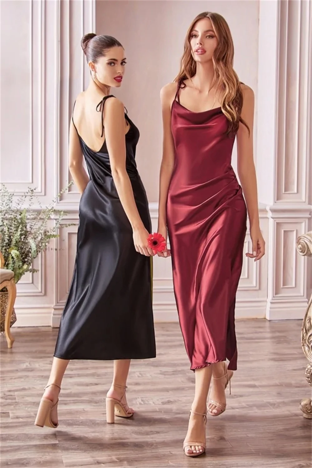 Cowl Neck Satin High Slit Tie Straps Evening Bridesmaid Bandage Midi Dresses - Image 3