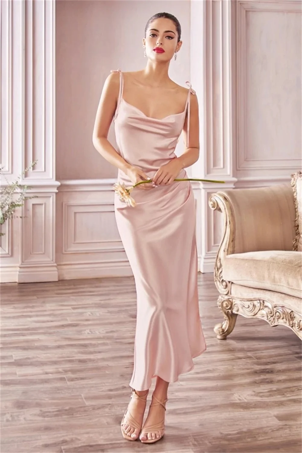 Cowl Neck Satin High Slit Tie Straps Evening Bridesmaid Bandage Midi Dresses - Image 12