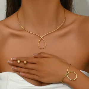 Creative Design Geometric Choker Necklace Bracelet Earrings Trend Gold Color Zinc Alloy Jewelry Set