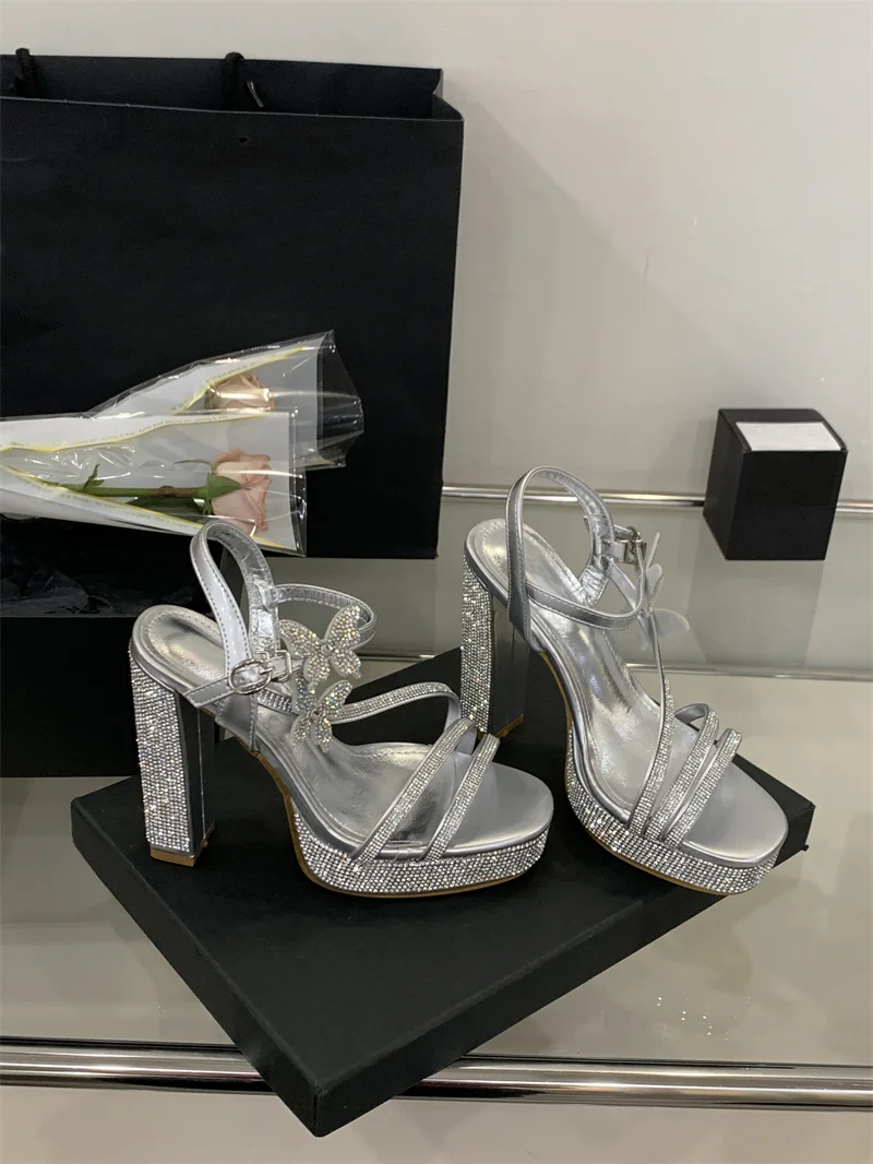 Crystal Designer Bowknot Square Toe Buckle Strap High Heels Pumps - Image 9