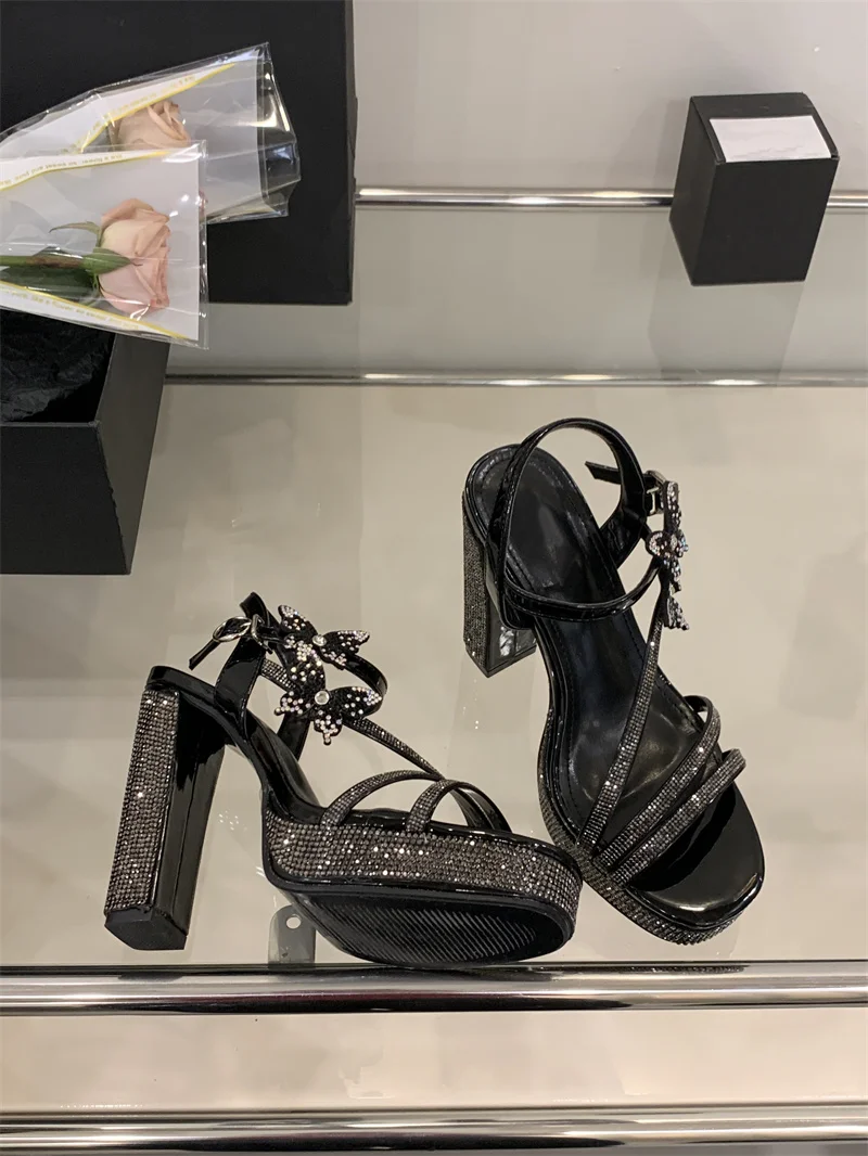 Crystal Designer Bowknot Square Toe Buckle Strap High Heels Pumps - Image 3