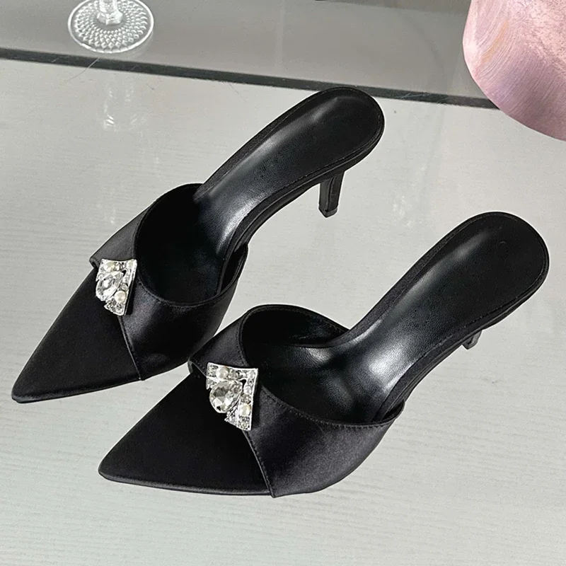 Crystal Diamond Pointed Toe Banquet Slides High Heel Sandals - Image 9