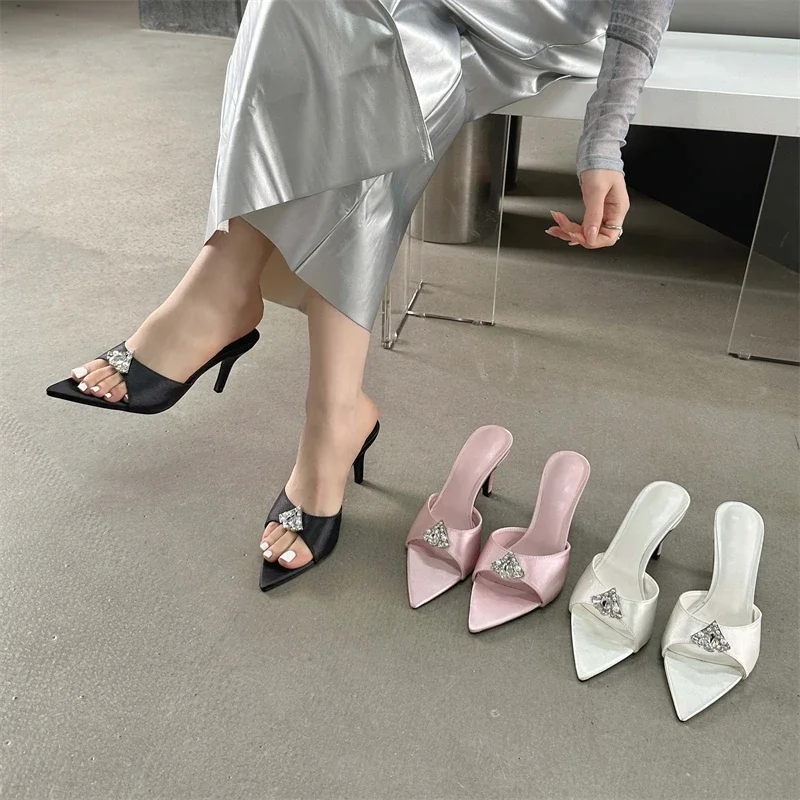 Crystal Diamond Pointed Toe Banquet Slides High Heel Sandals - Image 11