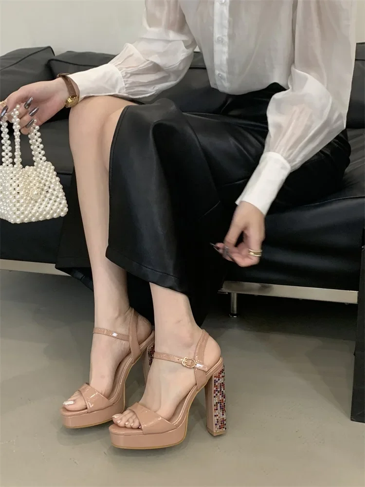 Crystal Gladiator Square Toe With Buckle Strap Platform High Heels Pumps