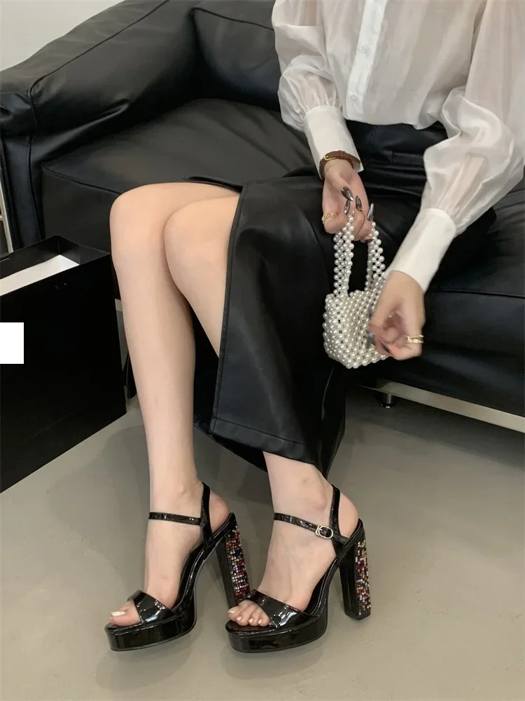 Crystal Gladiator Square Toe With Buckle Strap Platform High Heels Pumps - Image 6