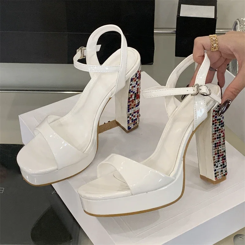 Crystal Gladiator Square Toe With Buckle Strap Platform High Heels Pumps - Image 12