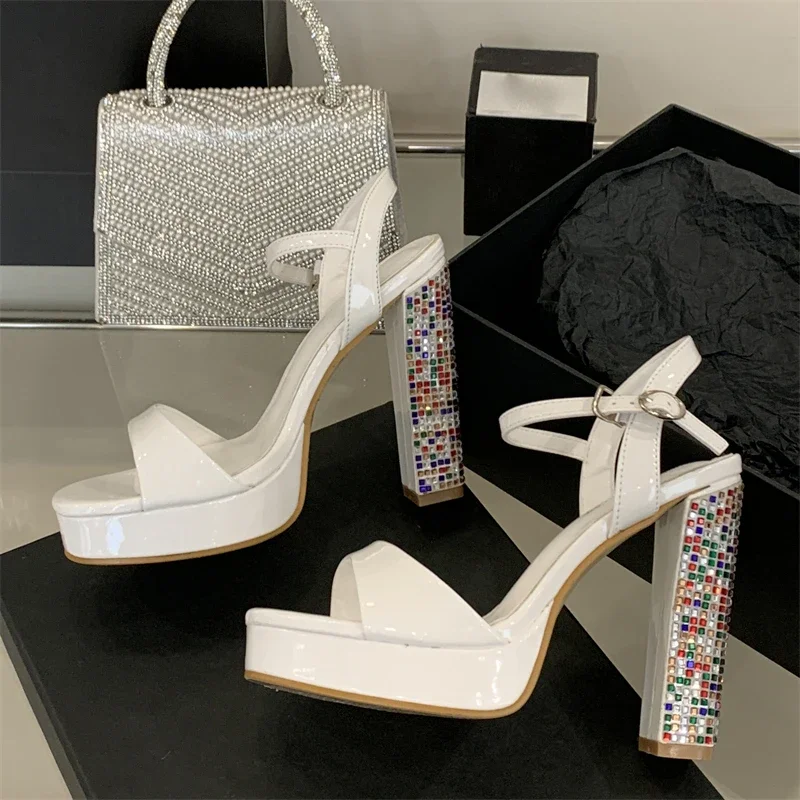 Crystal Gladiator Square Toe With Buckle Strap Platform High Heels Pumps - Image 11