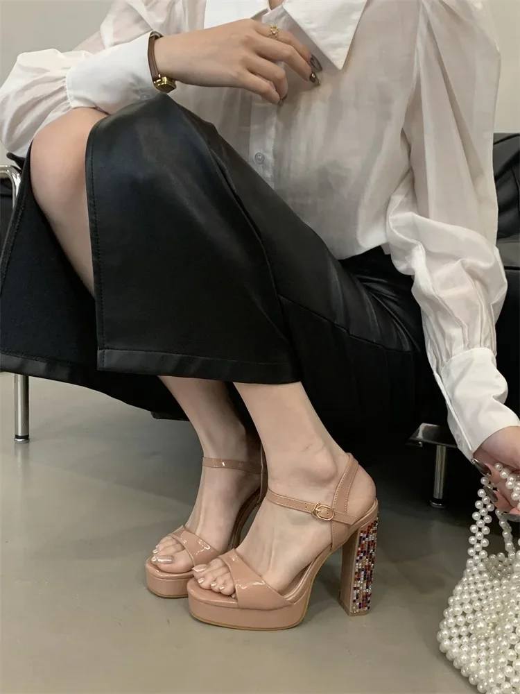 Crystal Gladiator Square Toe With Buckle Strap Platform High Heels Pumps - Image 2