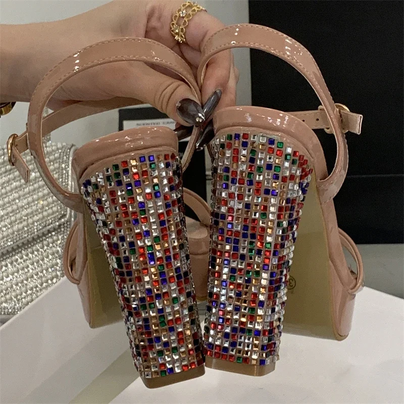 Crystal Gladiator Square Toe With Buckle Strap Platform High Heels Pumps - Image 5