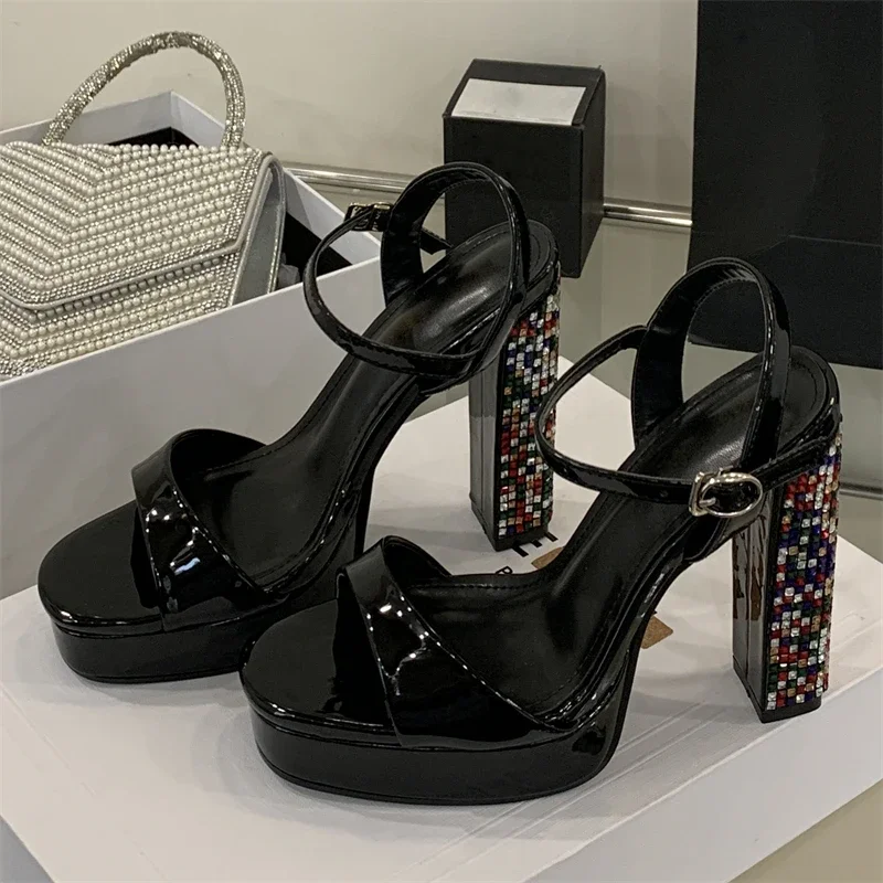 Crystal Gladiator Square Toe With Buckle Strap Platform High Heels Pumps - Image 7