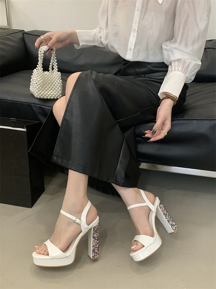 Crystal Gladiator Square Toe With Buckle Strap Platform High Heels Pumps - Image 9