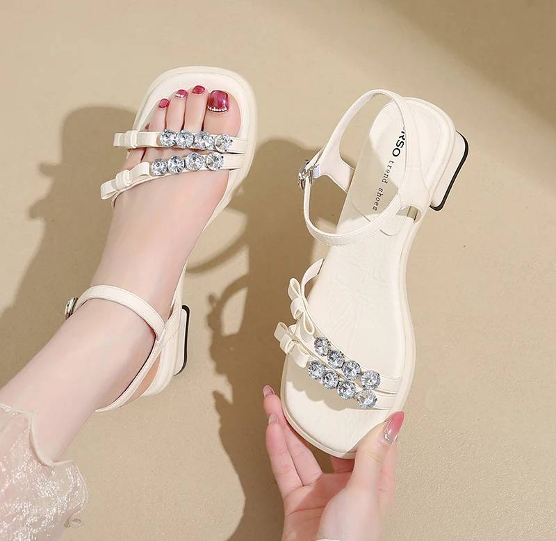 Crystal Narrow Band Back Strap Outdoor Thick Heel Sandals - Image 11