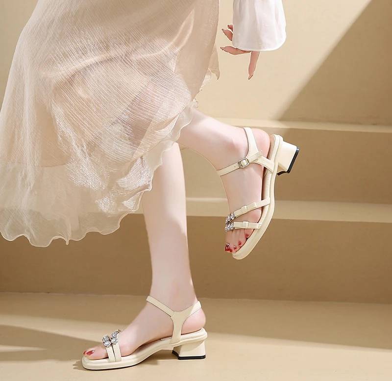 Crystal Narrow Band Back Strap Outdoor Thick Heel Sandals - Image 8