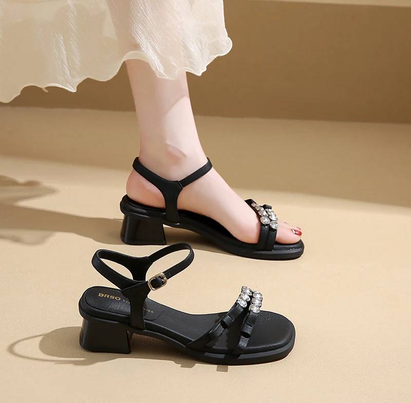 Crystal Narrow Band Back Strap Outdoor Thick Heel Sandals - Image 17