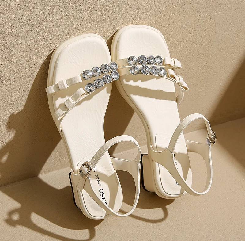 Crystal Narrow Band Back Strap Outdoor Thick Heel Sandals - Image 13