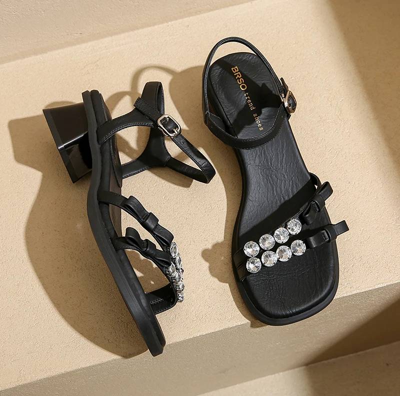 Crystal Narrow Band Back Strap Outdoor Thick Heel Sandals - Image 18