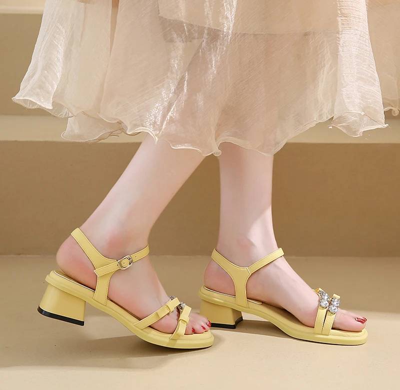 Crystal Narrow Band Back Strap Outdoor Thick Heel Sandals - Image 3