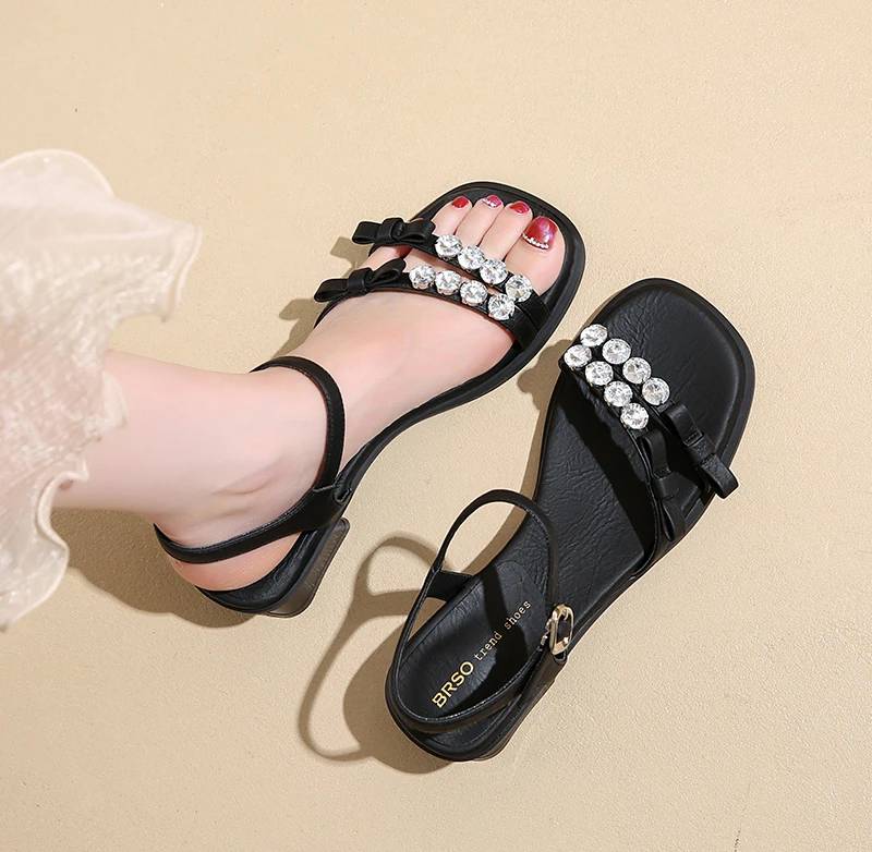 Crystal Narrow Band Back Strap Outdoor Thick Heel Sandals - Image 16