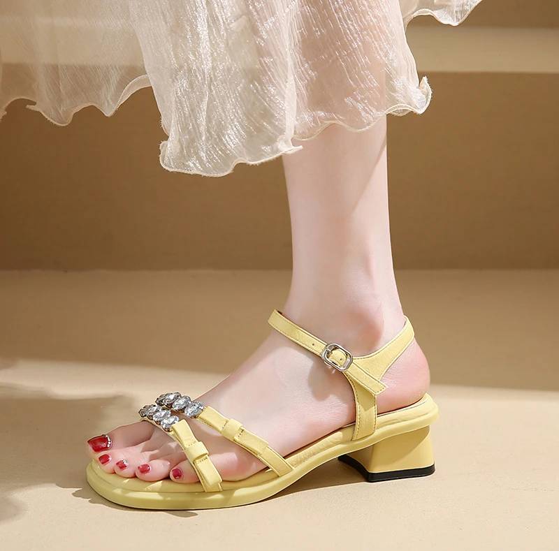Crystal Narrow Band Back Strap Outdoor Thick Heel Sandals - Image 6