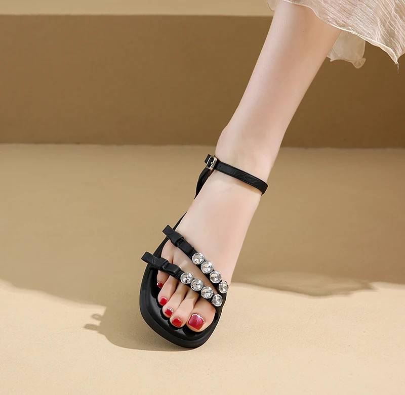Crystal Narrow Band Back Strap Outdoor Thick Heel Sandals - Image 15