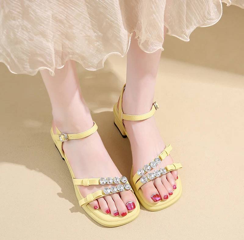 Crystal Narrow Band Back Strap Outdoor Thick Heel Sandals