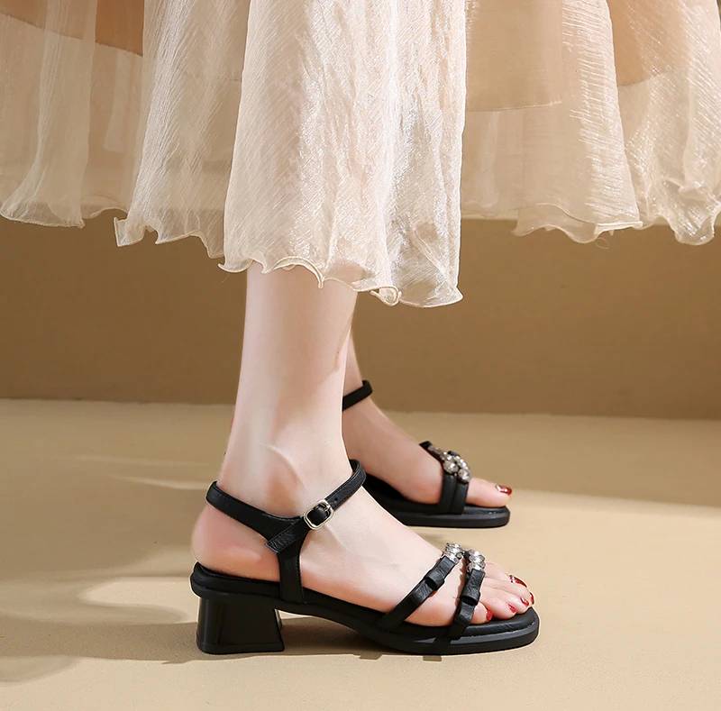 Crystal Narrow Band Back Strap Outdoor Thick Heel Sandals - Image 14