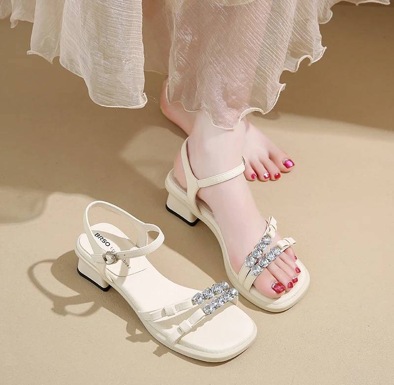 Crystal Narrow Band Back Strap Outdoor Thick Heel Sandals - Image 10