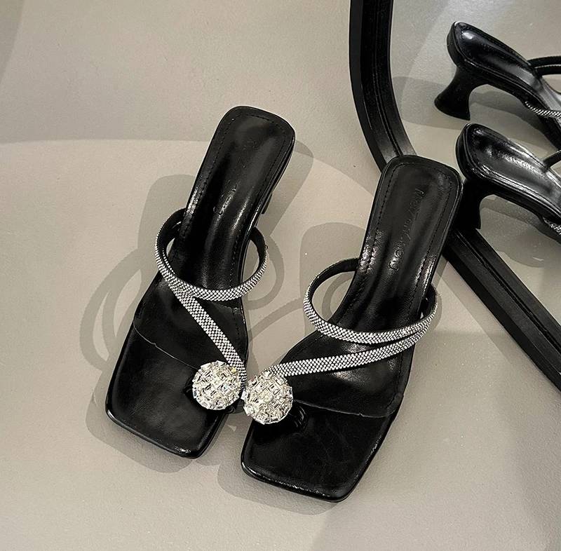 Crystal Narrow Band Street Style High Heel Slides Sandal - Image 5