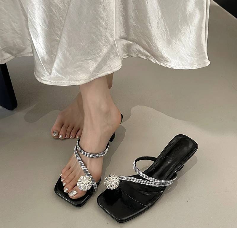 Crystal Narrow Band Street Style High Heel Slides Sandal - Image 3