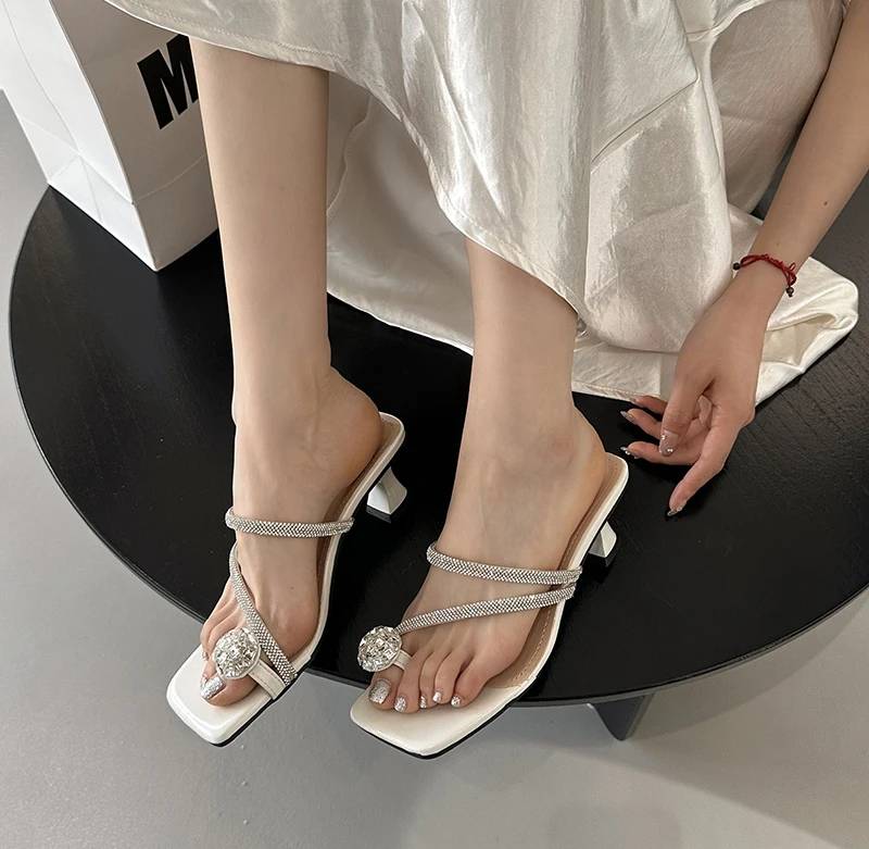 Crystal Narrow Band Street Style High Heel Slides Sandal - Image 8