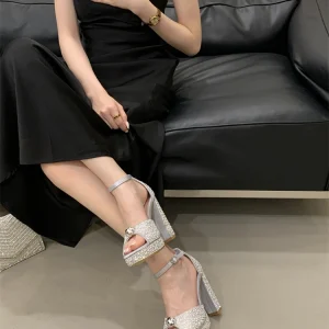 Crystal Pearl Buckle Strap Platform Square Toe Stripper High Heels Sandals