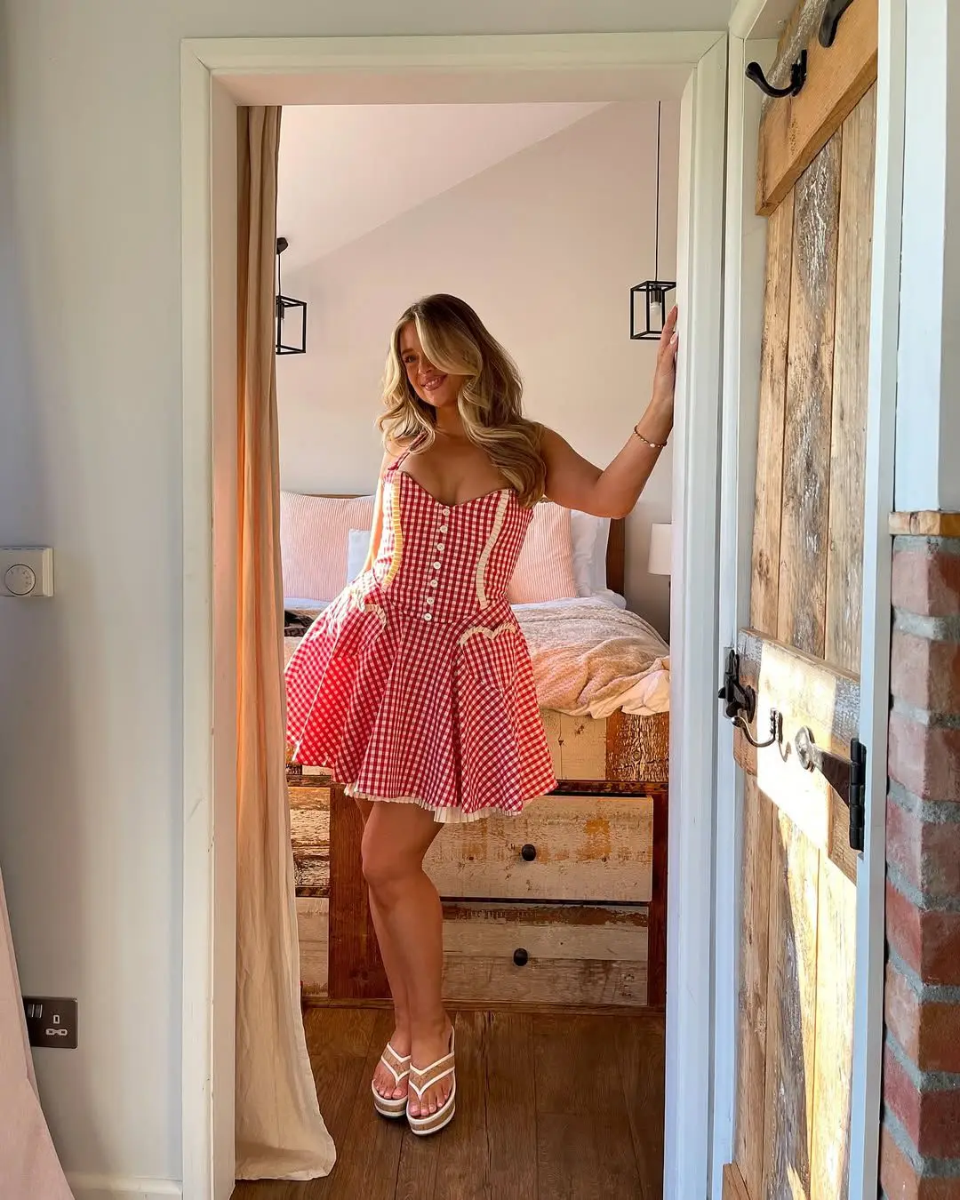 Cute Plaid Halter Front Button Pockets Backless A-line Short Dress - Image 2